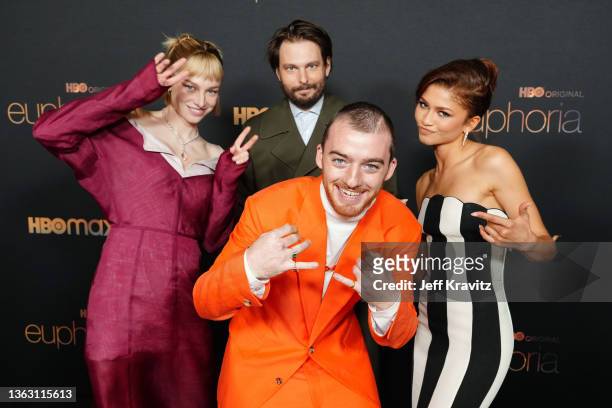 Hunter Schafer, Sam Levinson, Angus Cloud, and Zendaya attends HBO's "Euphoria" Season 2 Photo Call at Goya Studios on January 05, 2022 in Los...