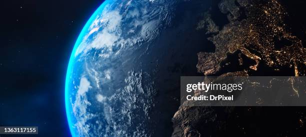 planet earth europe night view - stratosphere stock pictures, royalty-free photos & images