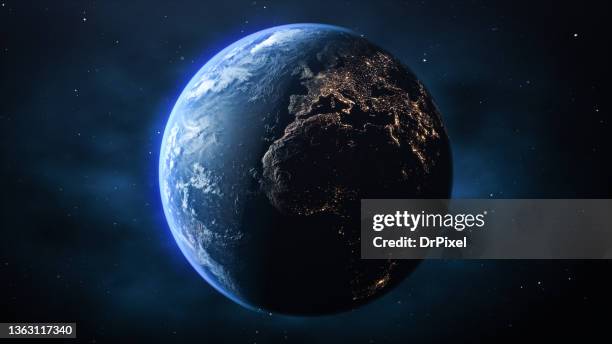 planet earth. day and night side of our planet - vue satellite photos et images de collection