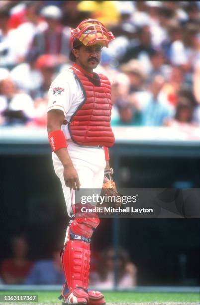 Tony Pena of the Cleveland Indians looks on during a baseball game against the Seattle Mariners on June 20, 1995 at Jacobs Field in Cleveland, Ohio.