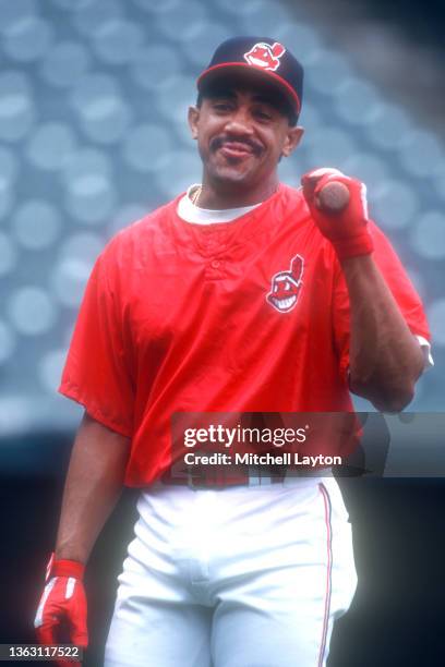 Tony Pena of the Cleveland Indians looks on during batting practice of a baseball game against the Seattle Mariners on June 20, 1995 at Jacobs Field...