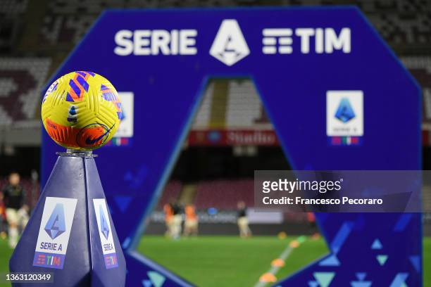 View of the Serie A ball on the pitch before the Serie A match between US Salernitana and Venezia FC at Stadio Arechi on January 06, 2022 in Salerno,...