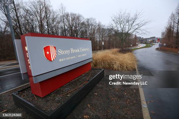 The main entrance to the Stony Brook University West Campus is shown on January 5, 2022.