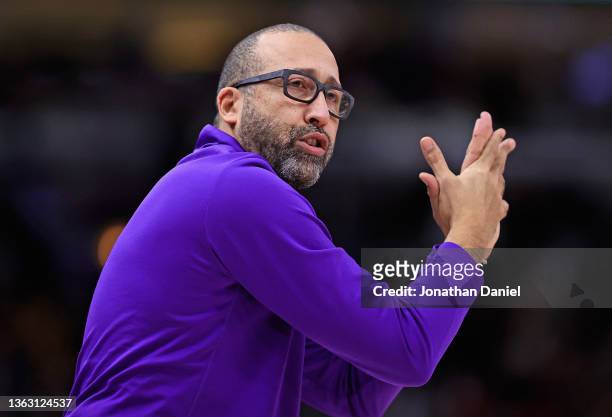Assistant coach David Fizdale of the Los Angeles Lakers fills in for head coach Frank Vogel who was listed in Covid protocol before a game against...