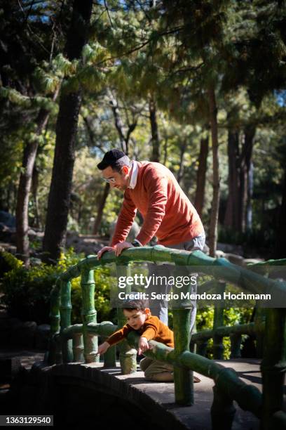 a young jewish man with his young son on a small green bridge - yarmulke stock pictures, royalty-free photos & images