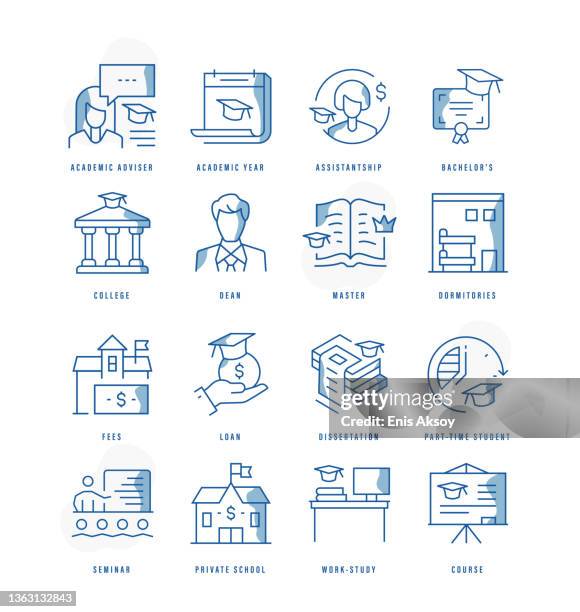 ilustraciones, imágenes clip art, dibujos animados e iconos de stock de iconos de la educación superior - beca