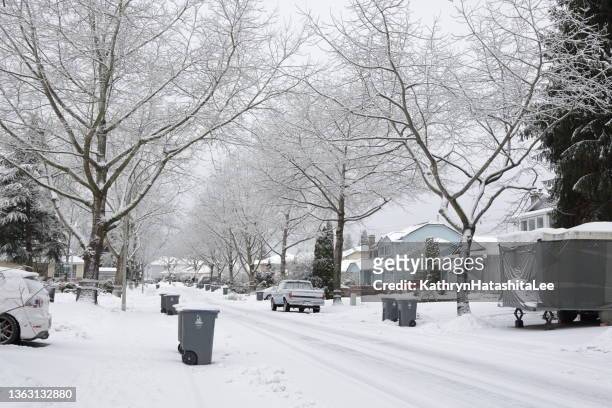 january snow in a tree-lined neighborhood in surrey, canada - surrey wagons stock pictures, royalty-free photos & images