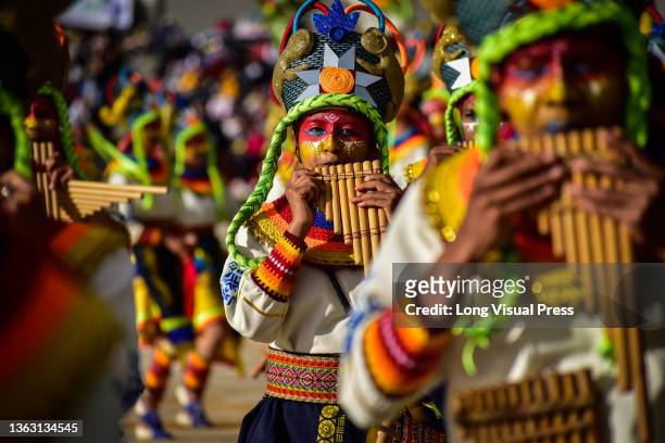 Cultural groups from pasto and other municipalities of Narino perform traditional dances at the Carnival of Blancos Y Negros on January 3, 2022 in...