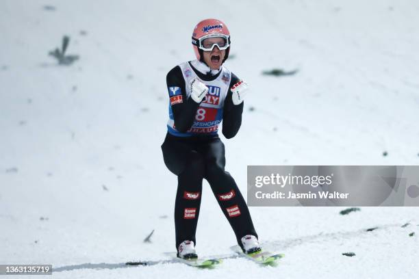 Daniel Huber of Austria celebrates after his final jump during the final round of the Individual HS142 at the Four Hills Tournament Men Bischofshofen...