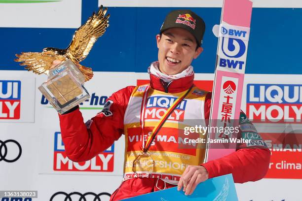 Overall winner Ryoru Kobayashi of Japan poses with the trophy after the Individual HS142 at the Four Hills Tournament Men Bischofshofen at...