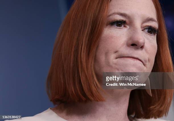 White House press secretary Jen Psaki answers questions during the daily White House press briefing January 6, 2022 in Washington, DC. Psaki answered...