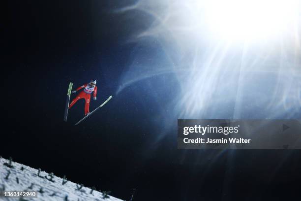 Killian Peier of Switzerland competes during first round in the Individual HS142 at the Four Hills Tournament Men Bischofshofen at...