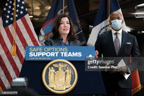 New York Governor Kathy Hochul is joined by Mayor Eric Adams at a news conference at a Manhattan subway station where the two politicians announced a...