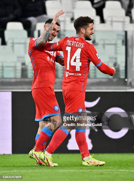 Matteo Politano congratulates Dries Mertens of Napoli as they celebrate his goal to make it 1-0 during the Serie A match between Juventus and SSC...