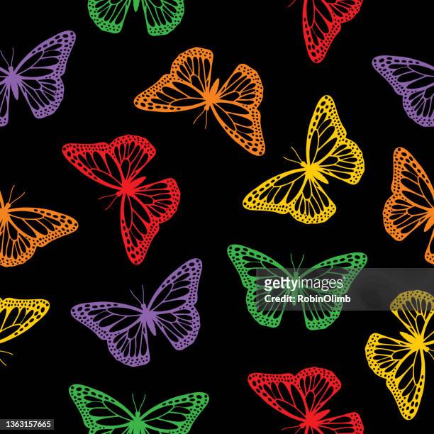 stockillustraties, clipart, cartoons en iconen met multi colored butterflies black background seamless pattern - elegans