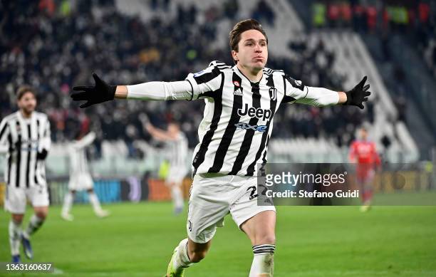 Federico Chiesa of Juventus celebrates scoring their teams first goal to make it 1-1 during the Serie A match between Juventus and SSC Napoli at...