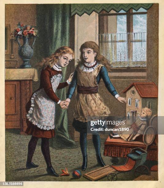 young girls playing with dolls, dollhouse, victorian childhood, 19th century - baby doll stock illustrations