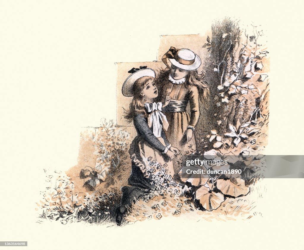 Little English girls playing in the garden, Victorian, 1880s, 19th Century, Nostaliga