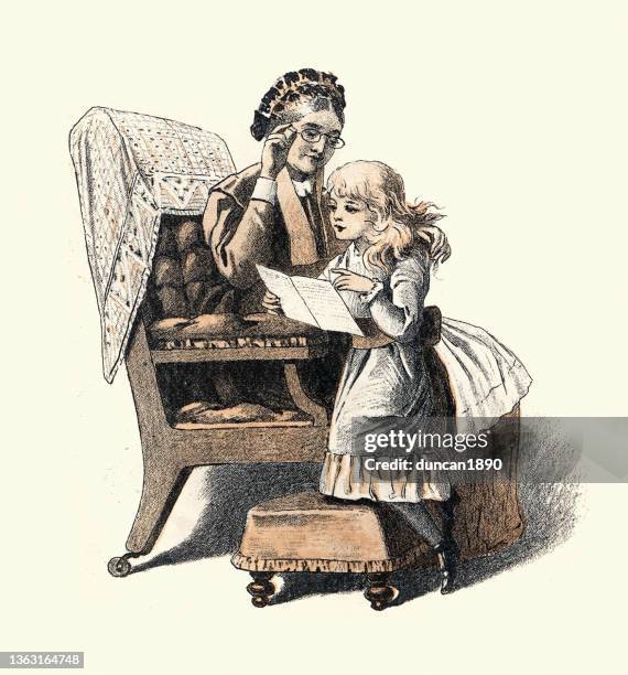 girl reading a letter with her grandmother, grandparent and granddaughter, victorian, 19th century - girl reading stock illustrations