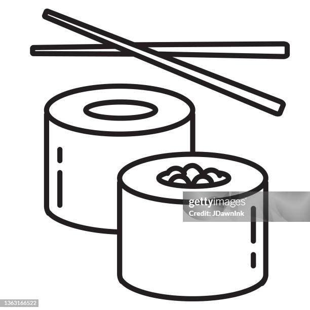 ilustraciones, imágenes clip art, dibujos animados e iconos de stock de rollos de sushi con palillos línea delgada conjunto de iconos - trazo editable - chopsticks