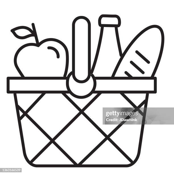 shopping basket with groceries thin line icon set - editable stroke - convenience basket stock illustrations