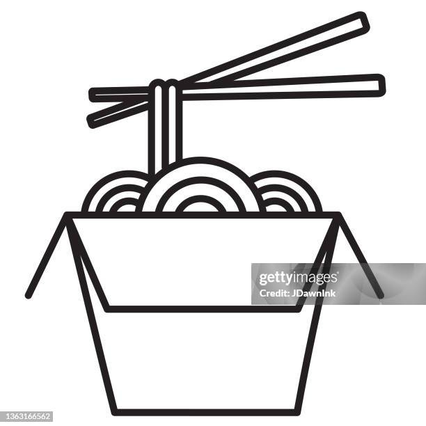 chinese food take out box with noodles and chopsticks thin line icon set - editable stroke - chinese takeout stock illustrations