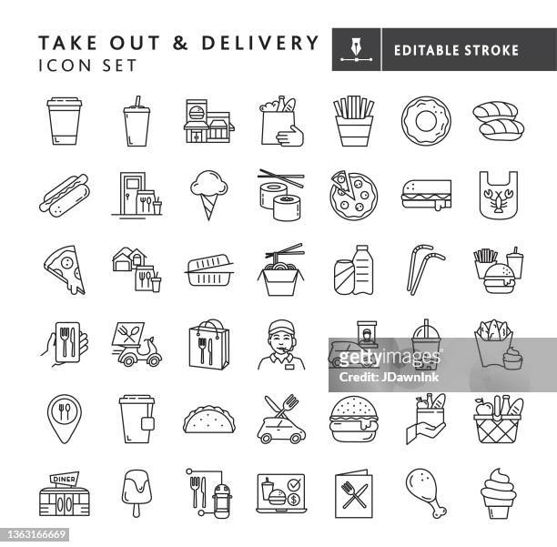 ilustraciones, imágenes clip art, dibujos animados e iconos de stock de restaurante para llevar y a domicilio comida y bebida línea delgada conjunto de iconos - trazo editable - fast food