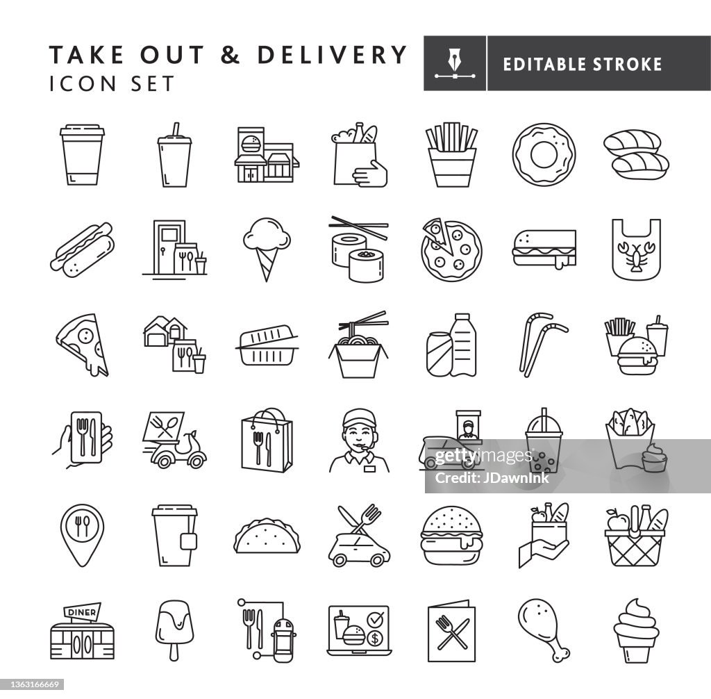Restaurant take out and delivery food and drink thin line Icon set - editable stroke