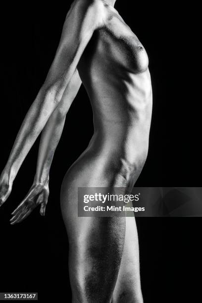 nude caucasian woman with silver body paint standing, side view - female body painting fotografías e imágenes de stock