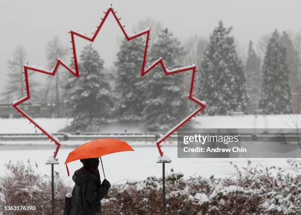 Woman holding an umbrella walks past an unlit maple leaf shaped light sculpture on a snowy day at Lafarge Lake on January 06, 2022 in Coquitlam,...