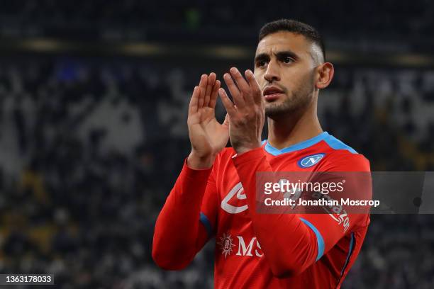 Faouzi Ghoulam of SSC Napoli applauds fans following the final whistle of the Serie A match between Juventus and SSC Napoli at Allianz Stadium on...