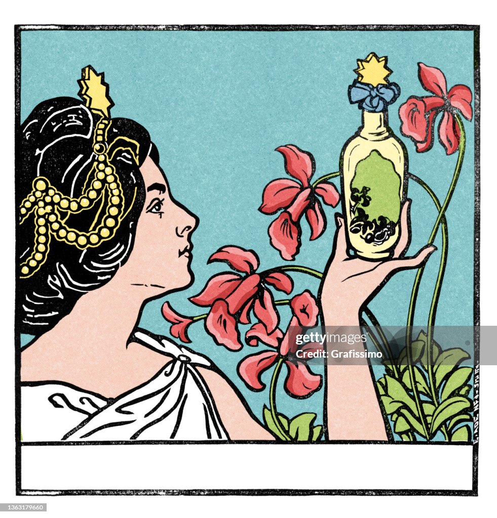 Young Woman With Bottle Of Perfume Art Nouveau Design Element For ...