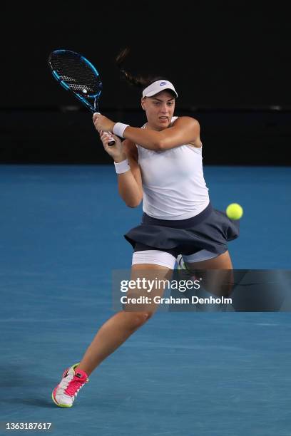 Ana Konjuh of Croatia plays a backhand in her match against Qinwen Zheng of China during day five of the Melbourne Summer Set at Melbourne Park on...