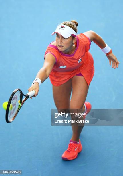 Shelby Rogers of USA hits a backhand in her match against Elena Rybakina of Kazakhstan during day six of the 2022 Adelaide International at Memorial...