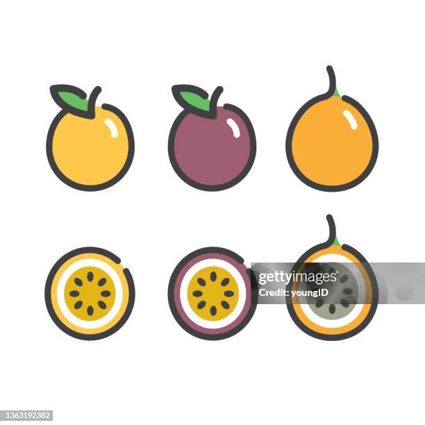 stockillustraties, clipart, cartoons en iconen met passion fruit and granadilla line icons - passievrucht