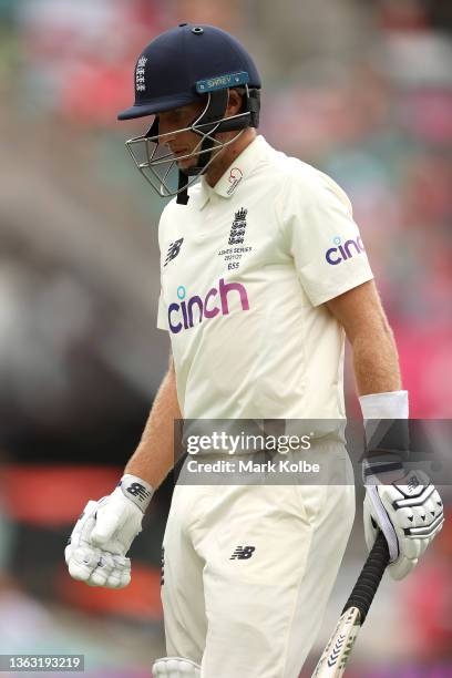 Joe Root of England reacts to losing his wicket during day three of the Fourth Test Match in the Ashes series between Australia and England at Sydney...