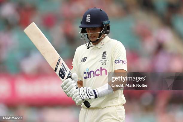 Joe Root of England reacts to losing his wicket during day three of the Fourth Test Match in the Ashes series between Australia and England at Sydney...