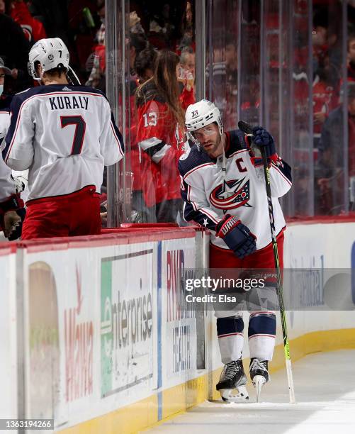 Boone Jenner of the Columbus Blue Jackets reacts to the loss to the New Jersey Devils at Prudential Center on January 06, 2022 in Newark, New Jersey....