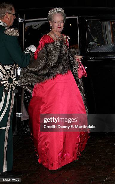 Queen Margrethe of Denmark attends the New Year's levee and New Year's Banquet in Christian VII's Palace, Amalienborg on January 1, 2012 in...