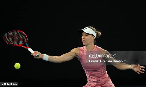 Viktorija Golubic of Switzerland plays a forehand in her match against Simona Halep of Romania during day five of the Melbourne Summer Set at...
