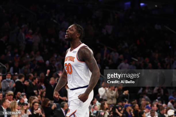 Julius Randle of the New York Knicks celebrates a basket against the Boston Celtics during their game at Madison Square Garden on January 06, 2022 in...
