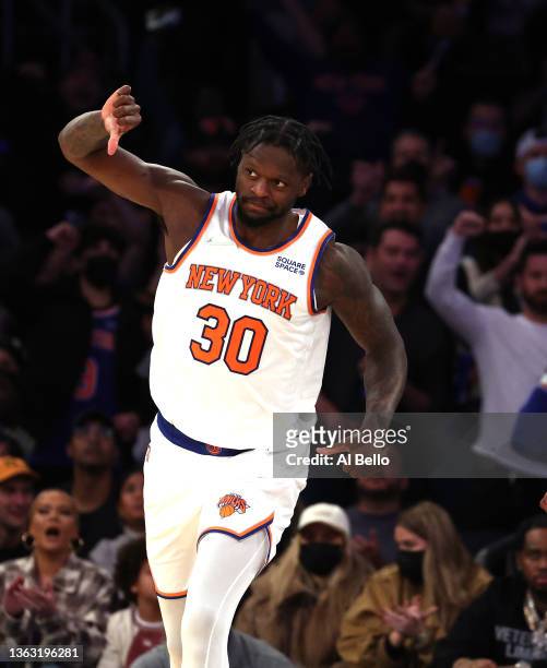 Julius Randle of the New York Knicks celebrates a basket against the Boston Celtics during their game at Madison Square Garden on January 06, 2022 in...