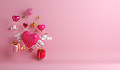 Happy Valentines day background with gift box, heart shape wing arrow, copy space text, 3D rendering illustration