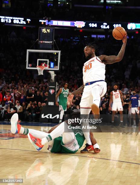 Julius Randle of the New York Knicks grabs an inbound pass against the Boston Celtics during their game at Madison Square Garden on January 06, 2022...