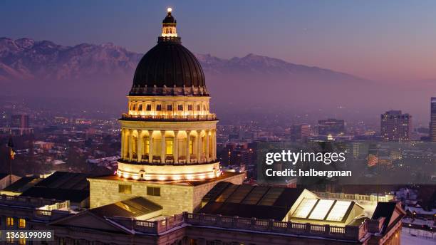 aerial shot of utah state capitol building at twilight - utah state capitol building stock pictures, royalty-free photos & images