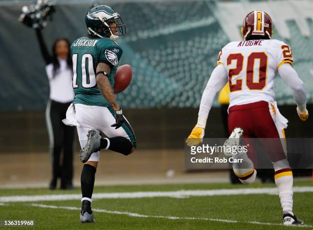 DeSean Jackson of the Philadelphia Eagles outruns Oshiomogho Atogwe of the Washington Redskins for a touchdown after catching a pass during the...