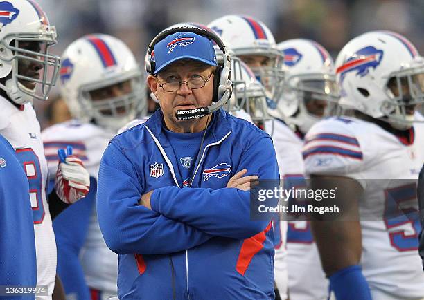 Chan Gailey, coach of the Buffalo Bills paces the sidelines during a game with the New England Patriots in the second half at Gillette Stadium on...