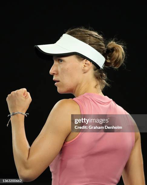 Viktorija Golubic of Switzerland celebrates a point in her match against Simona Halep of Romania during day five of the Melbourne Summer Set at...