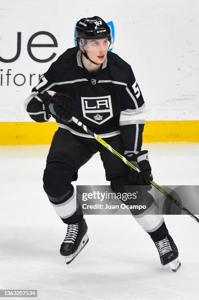 Jacob Moverare of the Los Angeles Kings skates on the ice during the second period against the Nashville Predators at Crypto.com Arena on January 6,...