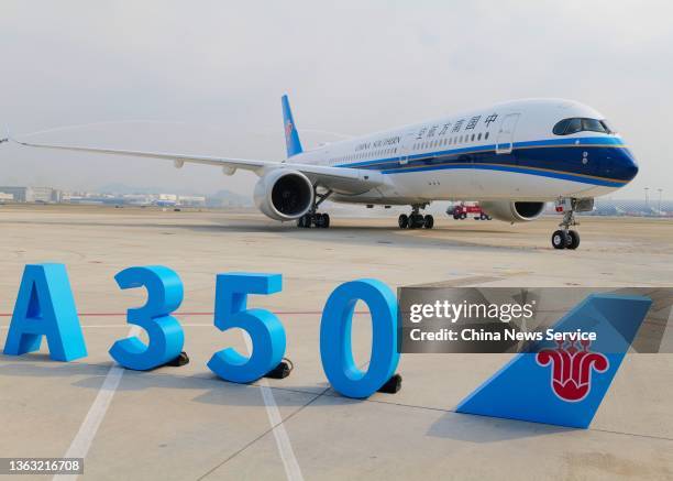 An Airbus A350-900 arrives at the Baoan International Airport on January 6, 2022 in Shenzhen, Guangdong Province of China. Two new Airbus A350-900...